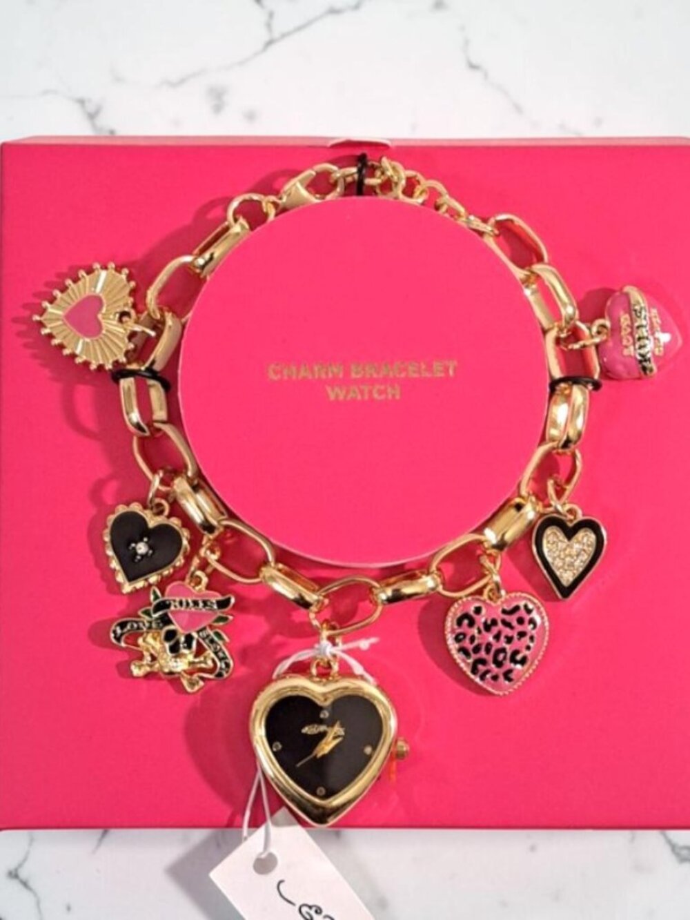 Ed Hardy Gold & Pink Heart Charm Bracelet Watch NWT